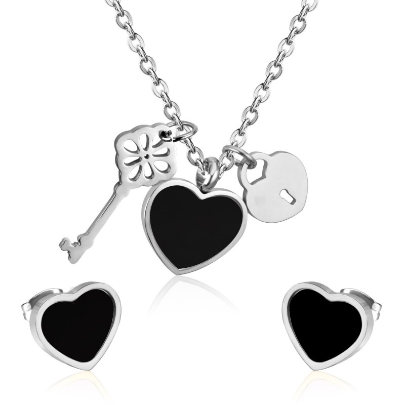 stainless steel heart earrings pendant necklace jewelry set