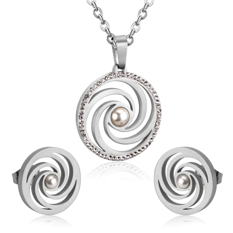 round earrings stud pendant necklace stainless steel jewelry sets