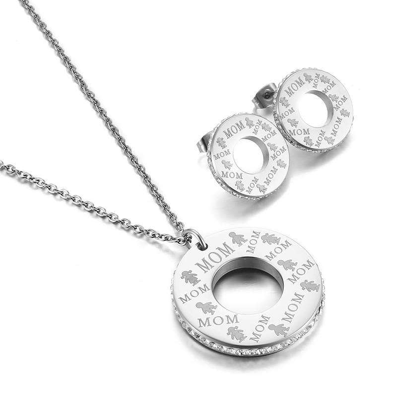 stainless steel letters MOM circle hollow earrings necklace jewelry sets