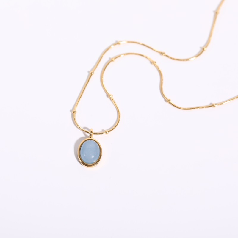 stainless steel 18k gold plating elliptic blue stone necklace