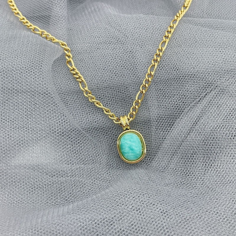 stainless steel gold plating elliptic mint green stone necklace