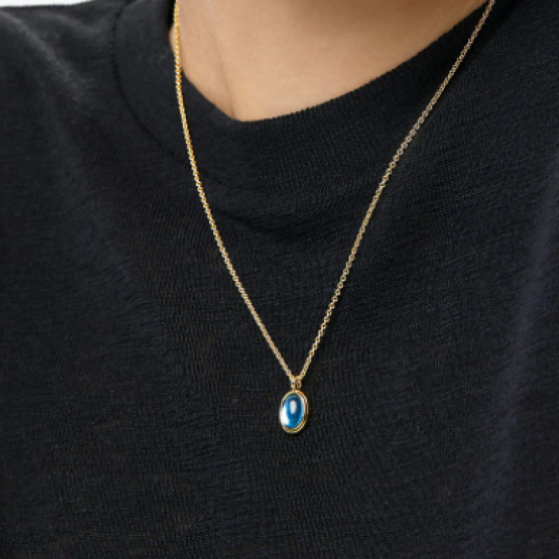 stainless steel 14k gold plating elliptic natural blue stone necklace