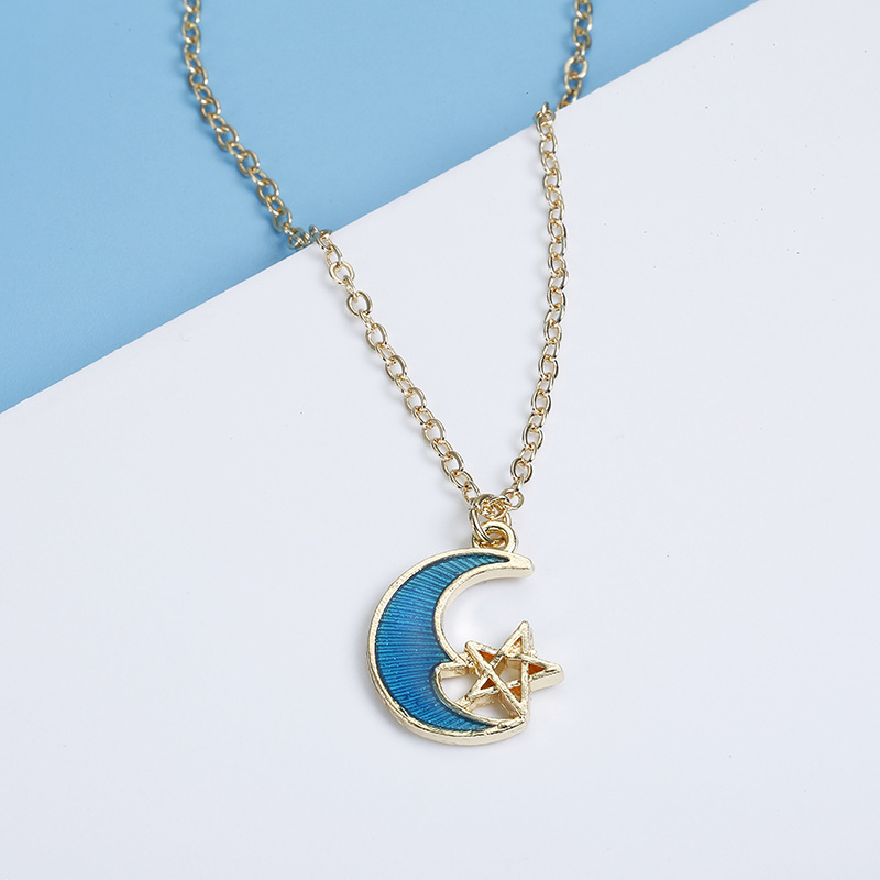 stainless steel 18k gold plating blue moon star Saturn necklace