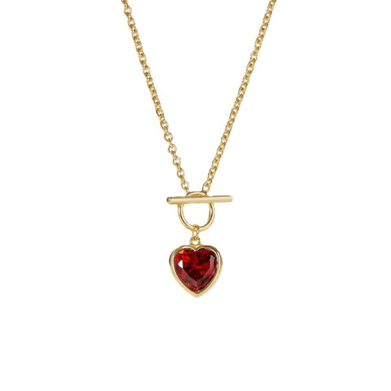 stainless steel heart inlaid red zircon necklace