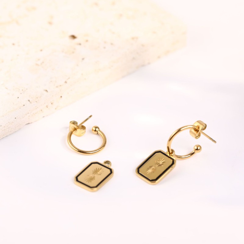 stainless steel 18k gold plating palm leaf patterned square earrings