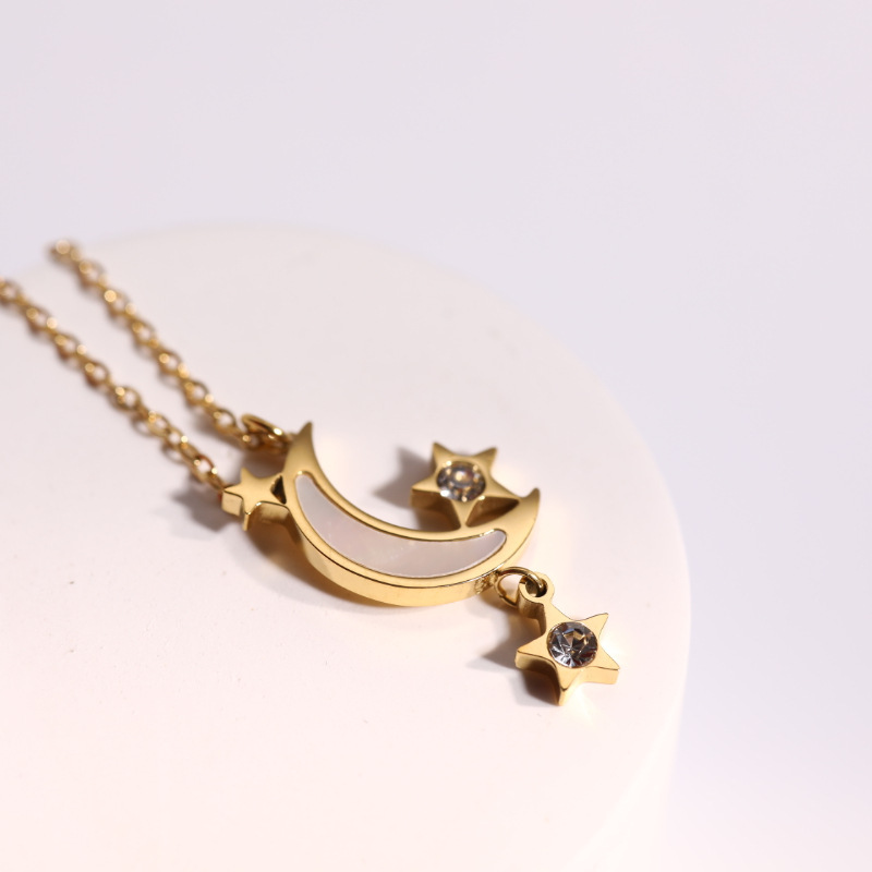 stainless steel gold plating inlaid zircon moon star necklace