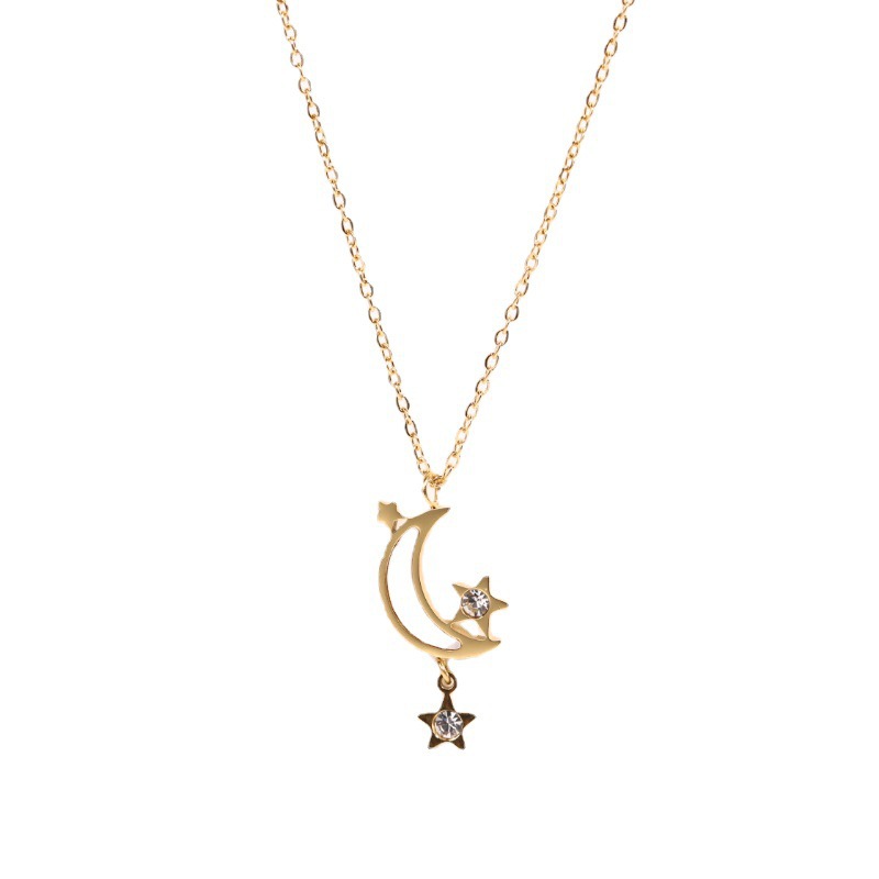 stainless steel gold plating inlaid zircon moon star necklace