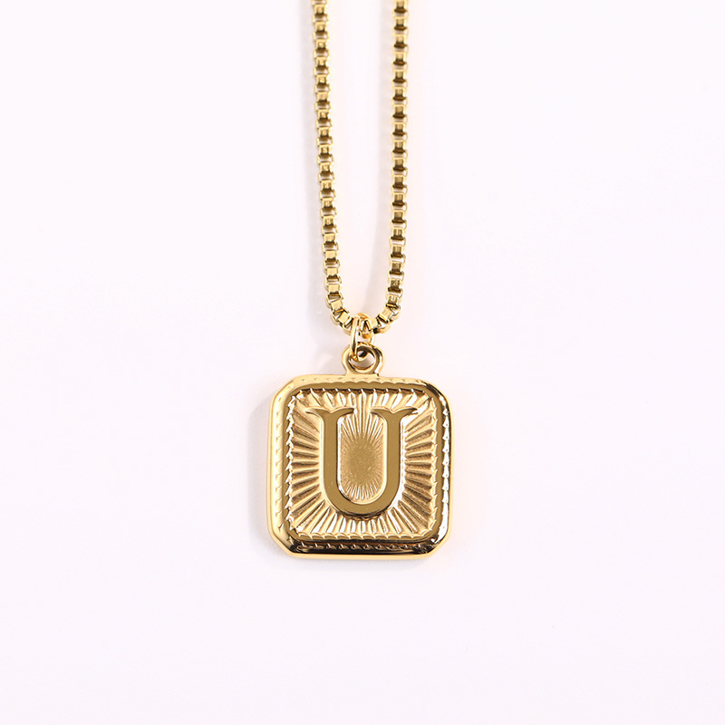 stainless steel gold plating English letter square necklace