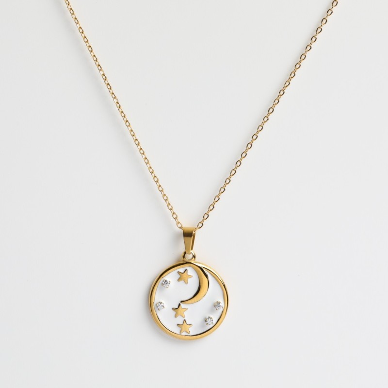 stainless steel 18k gold plating white circle moon star necklace