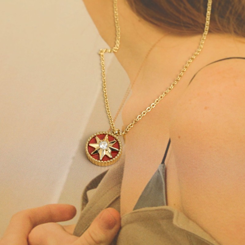 stainless steel gold plating red circle eight pointed star inlaid diamond necklace