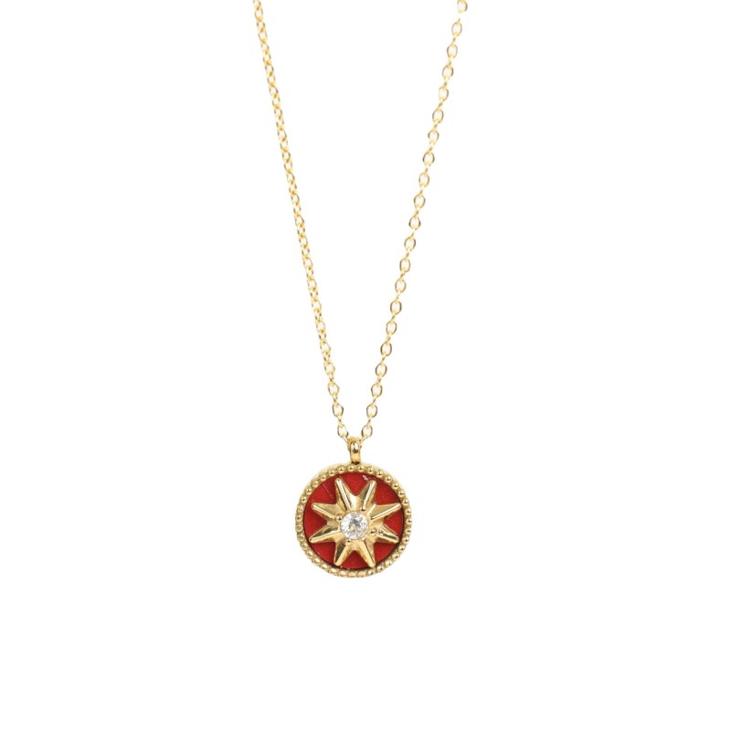 stainless steel gold plating red circle eight pointed star inlaid diamond necklace