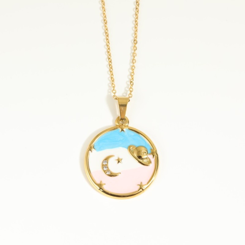 stainless steel 18k gold plating circle Saturn moon star necklace