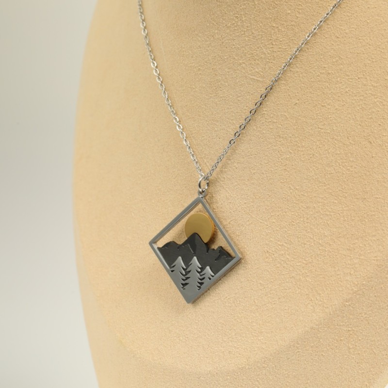 stainless steel square forest moon mountain range necklace