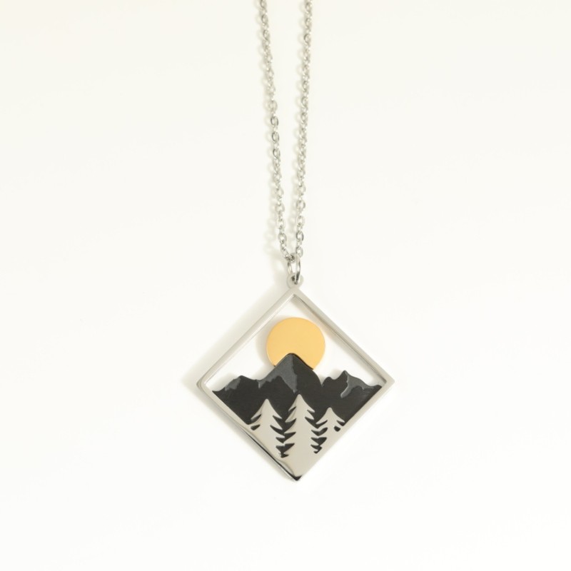 stainless steel square forest moon mountain range necklace