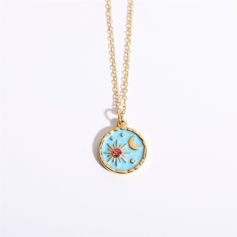 stainless steel inlaid zircon circle star moon sun Tarot necklace