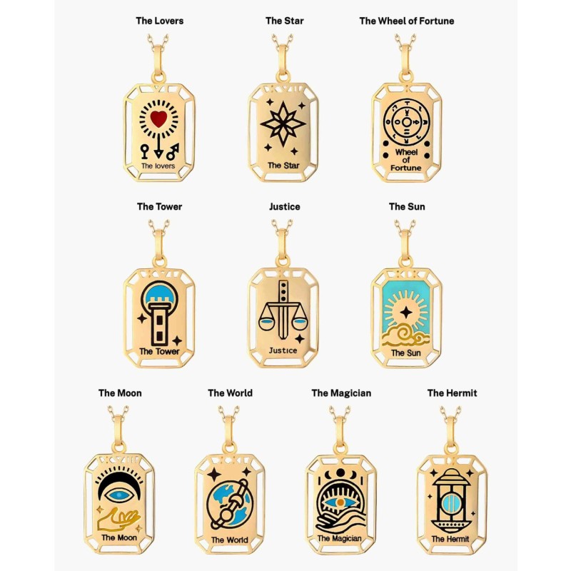 stainless steel 18k gold plating square colourful Tarot hollow necklace