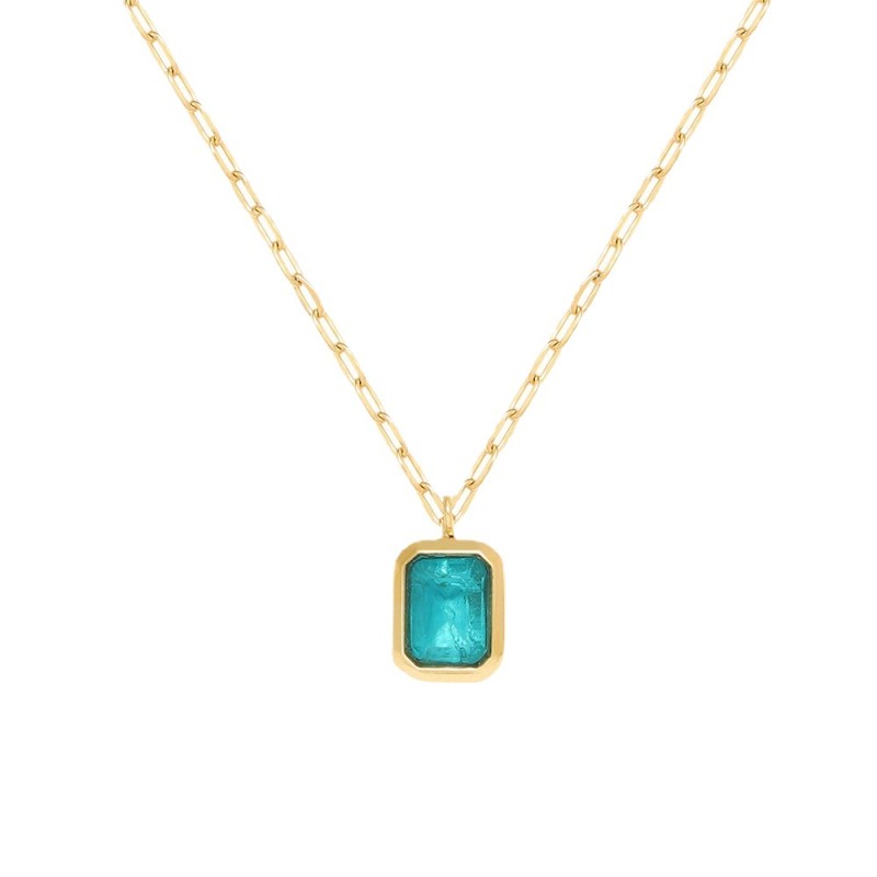 stainless steel 18k gold plating square glacier blue diamond necklace