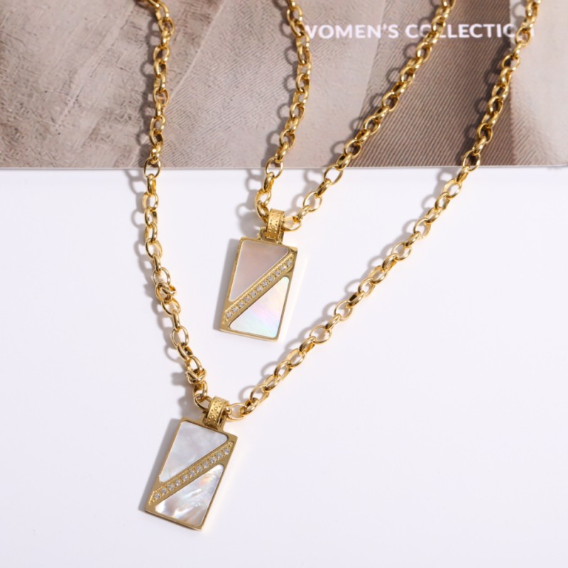 stainless steel 18k gold plating square inlaid zircon shell necklace