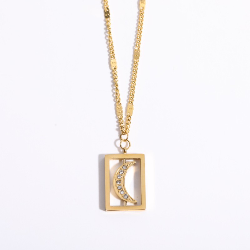 stainless steel square inlaid zircon star moon revolving necklace