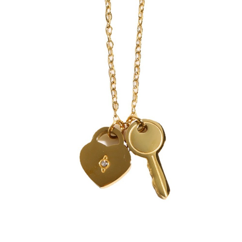 stainless steel gold plating inlaid zircon heart shaped lock and key necklace