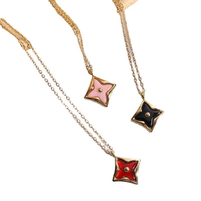 stainless steel 18k gold plating square inlaid four pointed star necklace