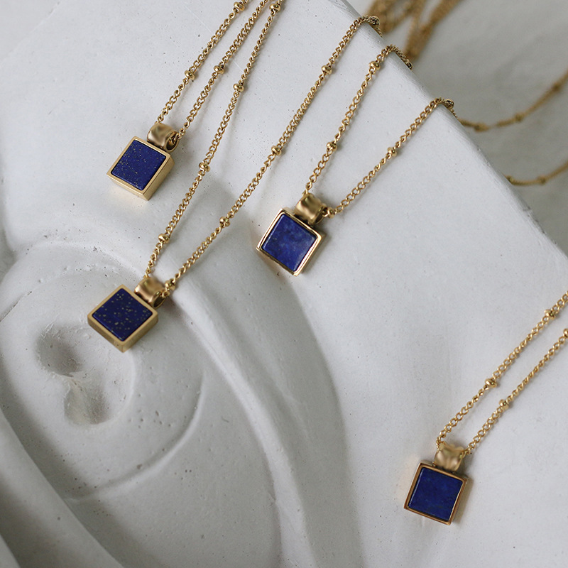 stainless steel 18k gold plating square natural blue stone necklace