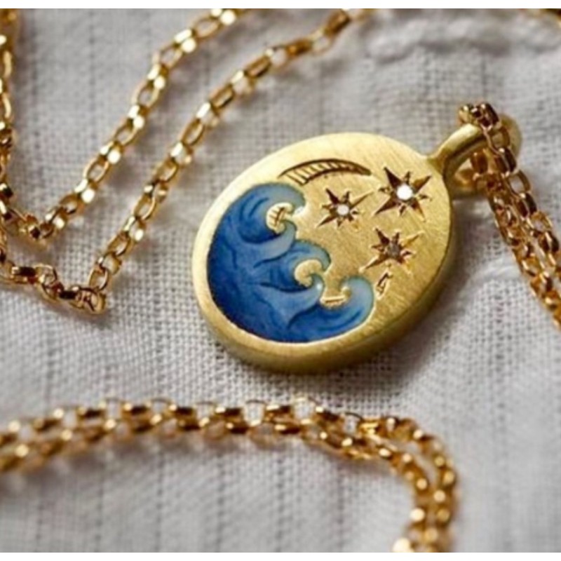 stainless steel 18k gold plating elliptic star moon mermaid sea wave necklace