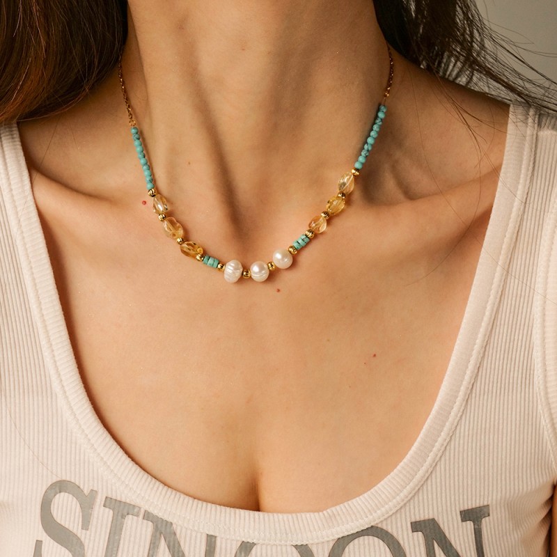 stainless steel pearl beads turquoise necklace