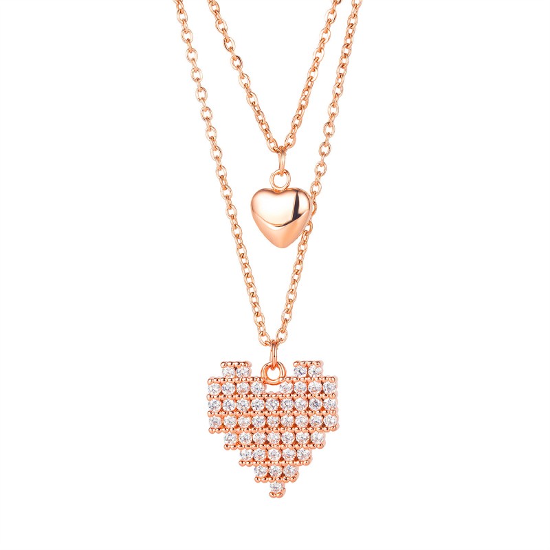 stainless steel double layers heart cz  zircon necklace