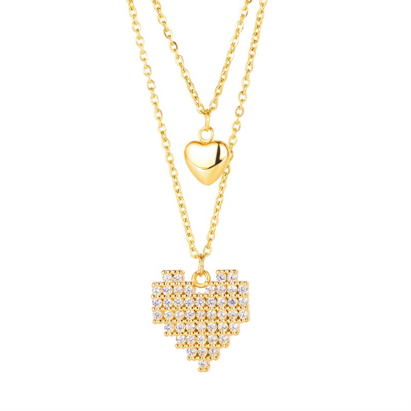 stainless steel double layers heart cz  zircon necklace