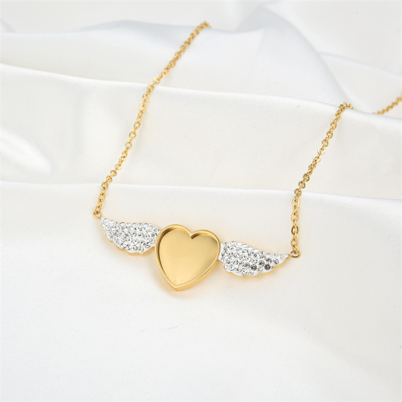 stainless steel angel wing zircon pendant necklace